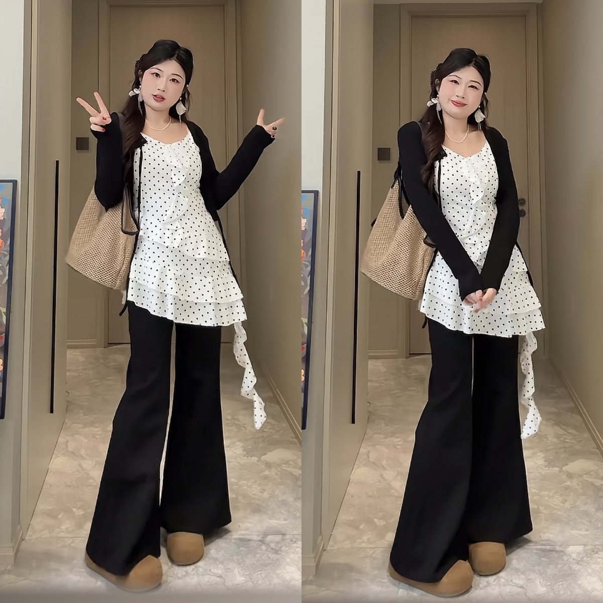 지금 지금 프랑스식 도트 무늬 슬립 치마 검정색 오픈 가디건 나팔 바지 3종 세트 마이크로 지방 슬림해 보이는 표지 고기 착용 가져 가라. 세트