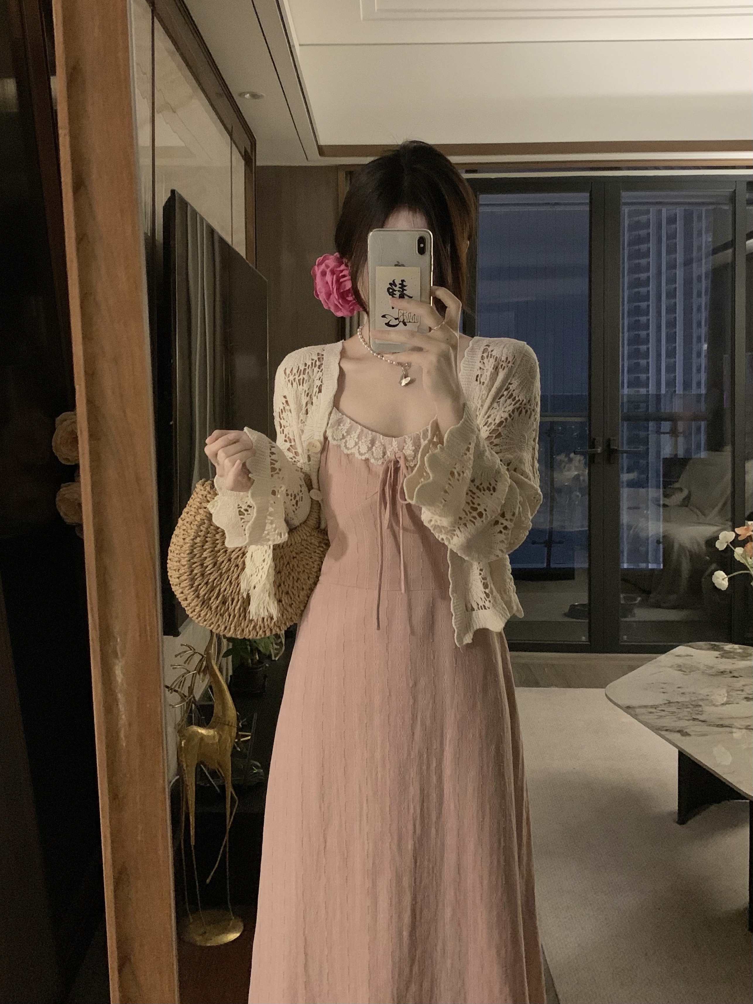 실사 지금 지금 빅 사이즈 봄 여름 새로운 홀로우 아웃 재킷 오픈 가디건 슬립 레이스 조각 드레스 소녀 세트