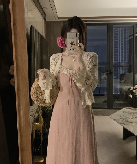 실사 지금 지금 빅 사이즈 봄 여름 새로운 홀로우 아웃 재킷 오픈 가디건 슬립 레이스 조각 드레스 소녀 세트