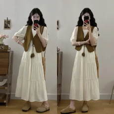 批发实拍现现~大码夏季新款短袖宽松遮肉连衣裙马甲两件套装