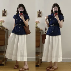 批发实拍现现~大码夏季牛仔短袖收腰上衣<b class='q'>半身裙</b>两件套装