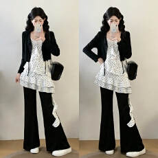 批发实拍现现~大码春夏波点吊带显瘦<b class='q'>不规则</b>上衣<b class='q'>开衫</b>微喇裤三件套装