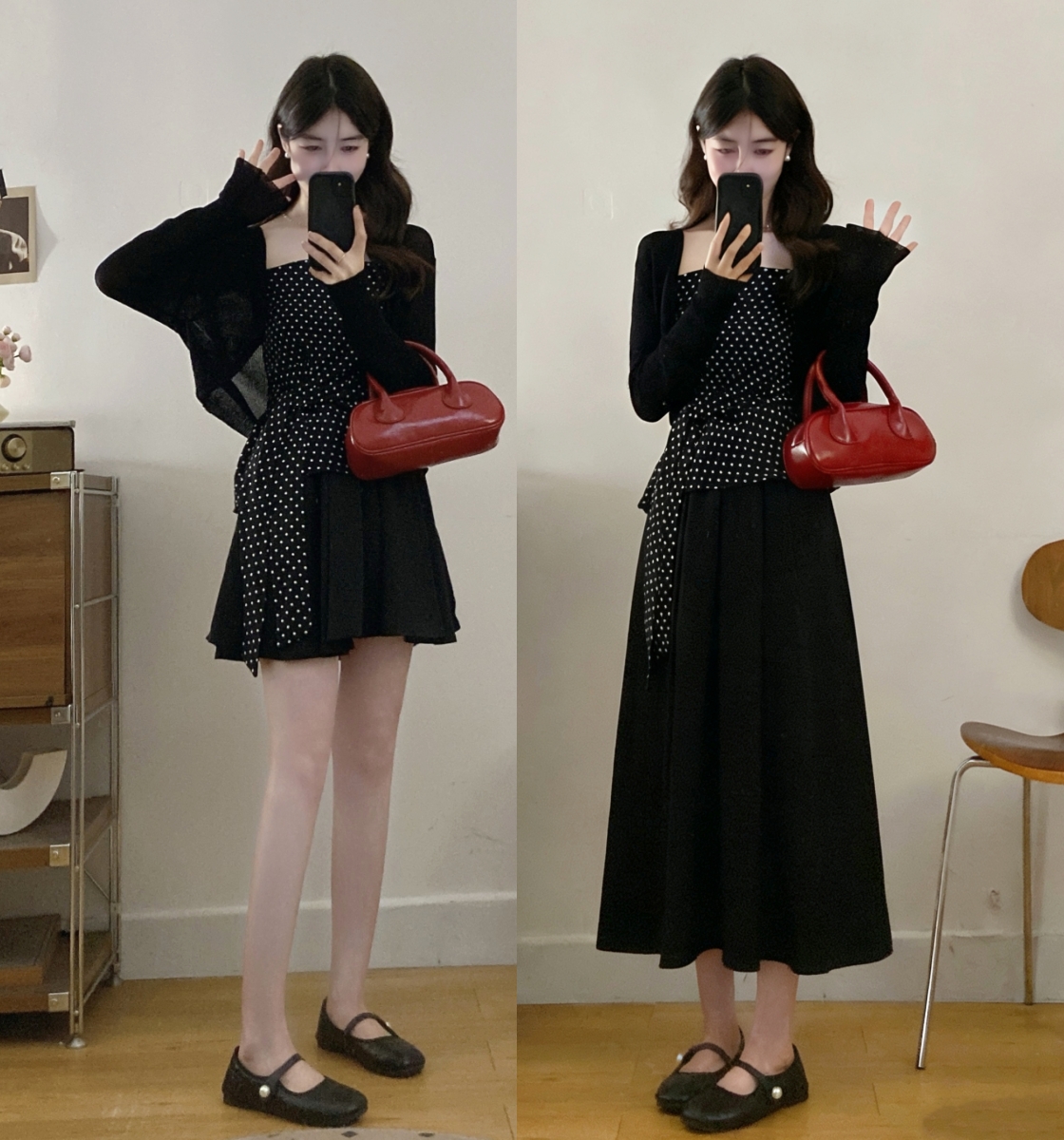 실사 지금 지금 여름 새로운 얼음 실크 자외선 차단 오픈 가디건 프랑스식 레트로 도트 무늬 슬림해 보이는 반신 스커트 세 조각 세트