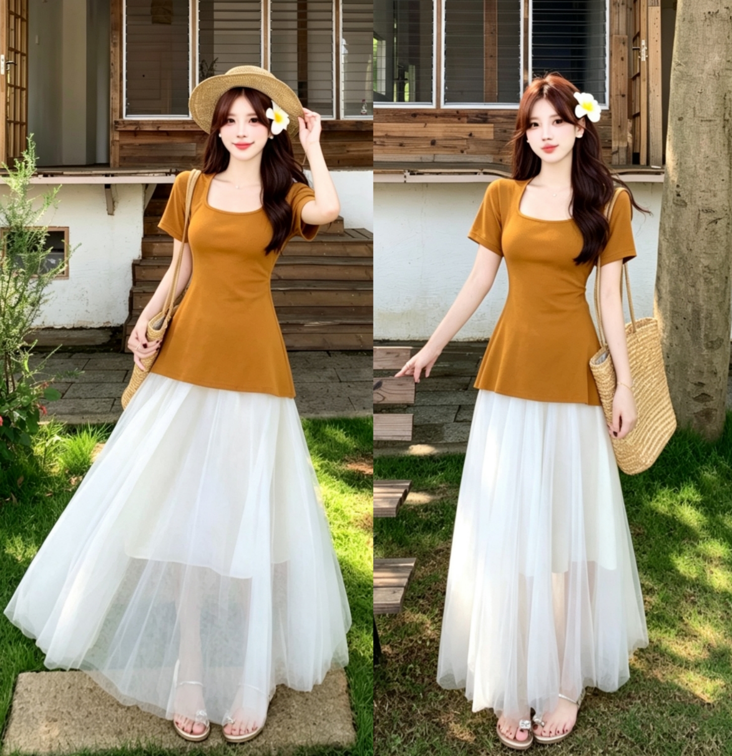 실사 빅 사이즈 여름 새로운 슬림해 보이는 반팔 허리 수축 맨위 망사 치마 휴가 요정 치마 투피스 슈트