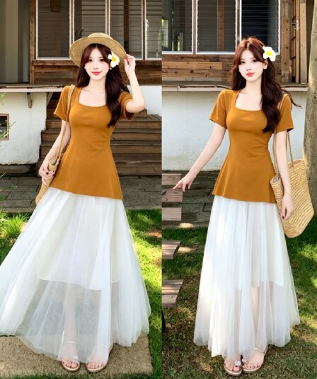 실사 빅 사이즈 여름 새로운 슬림해 보이는 반팔 허리 수축 맨위 망사 치마 휴가 요정 치마 투피스 슈트