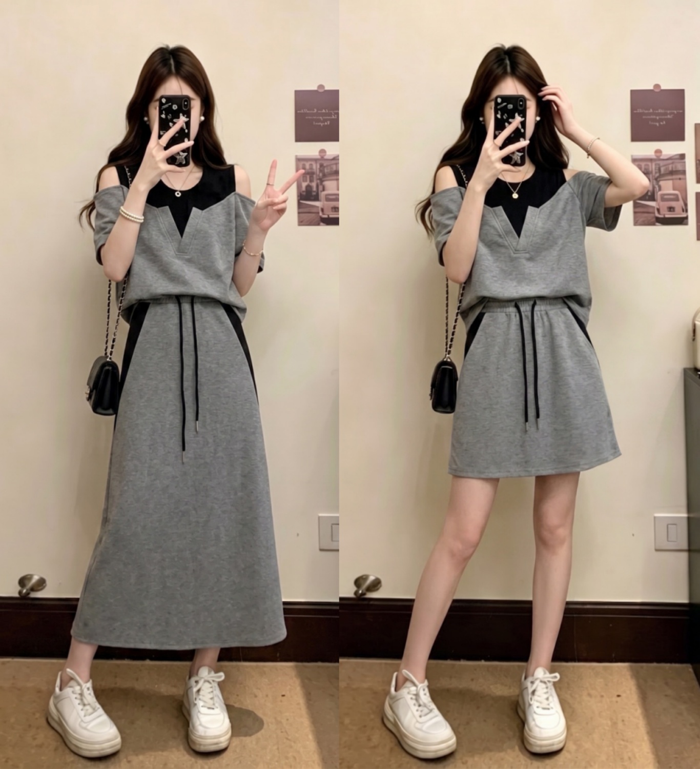 실사 마이크로 지방 여성 의류 외국 가스 패션 품격 여름 페이크 레이어드 티셔츠 치마 슬림해 보이는 세트