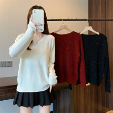 批发<b class='q'>实拍</b><b class='q'>大码</b><b class='q'>女装</b>宽松V领长袖T恤早秋新款欧货设计感亮片打底衫上衣