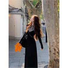 批发吃绿色菜小姐 12.16法式蕾丝蝴蝶结系带收腰针织连衣裙