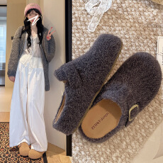 批发复古风简约慵懒金属扣勃肯鞋女2025冬季新款外穿毛毛鞋包头拖