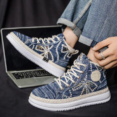 新款透气帆布滑板鞋高帮厚底增高运动风休闲鞋秋冬季男鞋青年潮鞋