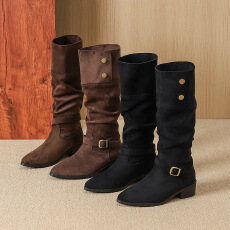 批发绒面法式长靴不过膝长筒靴2025<b class='q'>秋</b>冬季新款复古女靴子褶皱靴