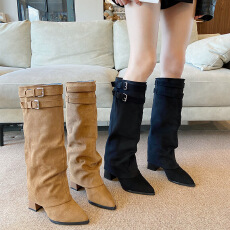 批发设计感粗跟高筒裤管靴骑士靴法式瘦瘦靴女靴子新款小个子长