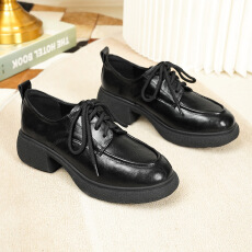 批发厚底乐福鞋2026四季款<b class='q'>英伦</b>风小皮鞋圆头软皮粗跟系带布洛克鞋职业