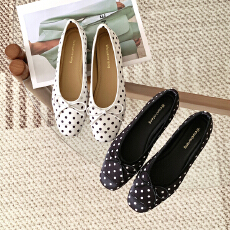 批发2026年新款法式波点圆头蝴蝶结平底单鞋女浅口鞋子内增高芭蕾舞鞋