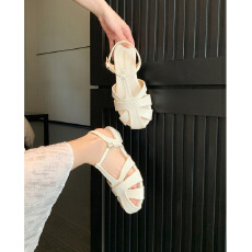法式编织镂空包头凉鞋女夏粗跟度假风罗马凉鞋女