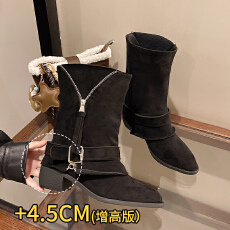 2026秋冬新款复古西部靴女粗跟方头中筒靴绒面皮带扣百搭堆堆靴