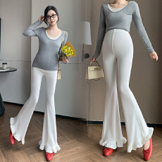 批发孕妇木耳弹力微喇裤春秋季无托腹纯色休闲裤松紧修身百搭显瘦夏裤