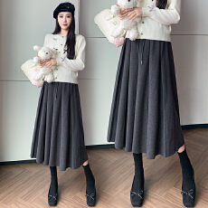 批发孕妇无托腹百褶裙显瘦半身裙女春秋季新款中长款毛呢a字裙子潮