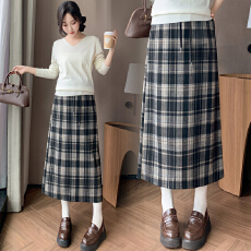 批发孕妇半身裙春秋季新款格子裙托腹毛呢直筒半裙显瘦开叉春款一步裙