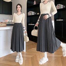 批发孕妇糯米半身裙一体式腰头百褶A字半身裙中长裙秋季新款中长裙