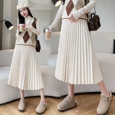 批发百褶半身裙孕妇春秋新款高腰托腹长裙宽松中长款a字托腹伞裙