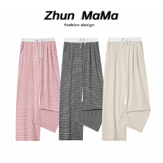 孕妇春秋季新款撞色条纹糯米阔腿裤女宽松阔腿休闲直筒拖地裤子