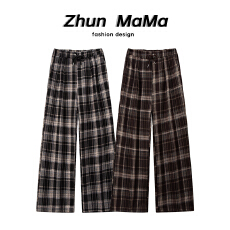 孕妇裤秋季外穿黑白格子长裤秋冬宽松直筒复古休闲新款阔腿裤冬装