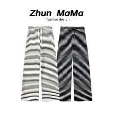 宽松阔腿条纹裤子女春秋夏季新款薄款休闲裤加长高个子宽松拖地裤