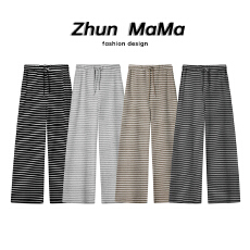 批发孕妇裤子条纹一体裤春秋季外穿绝美宽松直筒抽绳阔腿裤休闲女裤