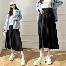 批发不规则孕妇百褶半身裙秋<b class='q'>冬</b>季中长款可调节显瘦纯黑色托腹A字裙子