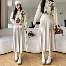 批发孕妇复古一体式腰头百褶A字半身裙中长裙秋季新款休闲小清新长裙