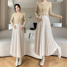 批发孕妇复古一体式腰头毛呢百褶A字半身裙中长裙秋季新款休闲无托腹