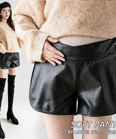 임산부 가죽 반바지 가을 겨울 외출용 루즈핏 검정색 슬림해 보이는 PU 가죽 트임 임산부 넓은 다리가 짧다. 바지 복부 지지 임산부 바지