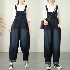 批发实拍2025秋季新款复古减龄洋气牛仔<b class='q'>背带裤</b>女设计感宽松连体阔腿裤
