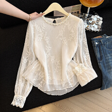 批发实拍有货~法式刺绣花朵长袖雪纺衬衫女气质内搭打底衫独特别致