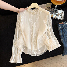 批发实拍有货~法式刺绣花朵长袖雪纺衬衫女气质内搭打底衫独特别致