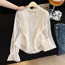 批发实拍有货~法式刺绣花朵长袖雪纺衬衫女气质内搭打底衫独特别致