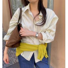 批发柠檬黄竖条纹 韩系通勤长袖衬衫 韩国<b class='q'>东大门</b><b class='q'>代购</b>2025秋季新款女装