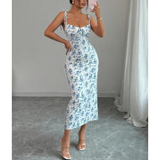 批发欧美亚马逊跨境新款高腰吊带<b class='q'>连衣裙</b>夏碎花吊带裙<b class='q'>收腰</b>包臀长裙子