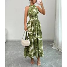 印花连衣裙亚马逊速卖通 2026夏季新款无袖挂脖裙子大码女装