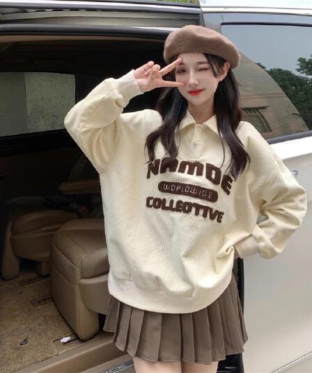 빅 사이즈 여성 의류 레트로 코듀로이 good 자수 폴로 칼라 POLO 셔츠 긴팔