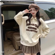 批发大码<b class='q'>女装</b>复古灯芯绒good刺绣翻领Polo衫长袖