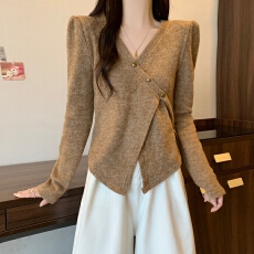 批发大码胖mm不规则v领针织衫打底衫短款遮肚显瘦上衣