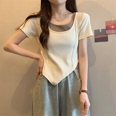 批发实拍 <b class='q'>大码</b>女装<b class='q'>胖</b><b class='q'>MM</b><b class='q'>小众</b>设计感假两件方领短袖简约百搭T恤上衣女