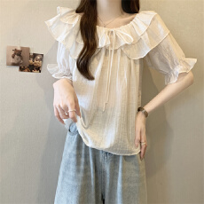 批发实拍小清新甜美一字领<b class='q'>雪纺上衣</b>女夏季新款不规则亮片荷叶边<b class='q'>短袖</b>