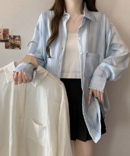 디자인 센스 레이스 조각 홀로우 아웃 긴팔 자외선 차단 여성 셔츠 지방 mm 루즈핏 캐주얼 얇은 스타일 맨위 재킷 다용도