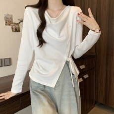 批发实拍~大码胖mm正肩长袖t恤显瘦遮肉早<b class='q'>秋</b>新款不规则荡领上衣