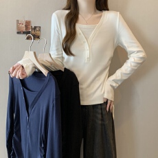 批发<b class='q'>大码</b>假两件设计感抽绳收腰显瘦小衫女2025秋季新款长袖上衣打底