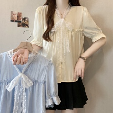 批发<b class='q'>大码</b>法式甜美蕾丝蝴蝶结短袖衬衫女夏2026新款V领设计感小众上衣