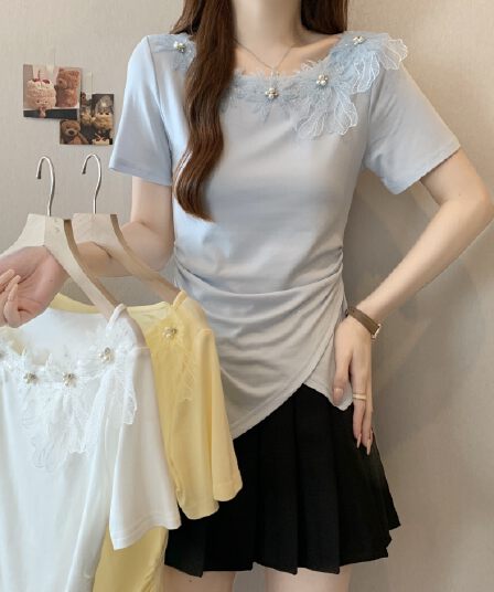 여름 새로운 Chic 디자인 센스 레이스 무거운 작업 비즈 박기 3 차원 꽃 연령 감소 몸매 가꾸기 불규칙 반팔 맨위